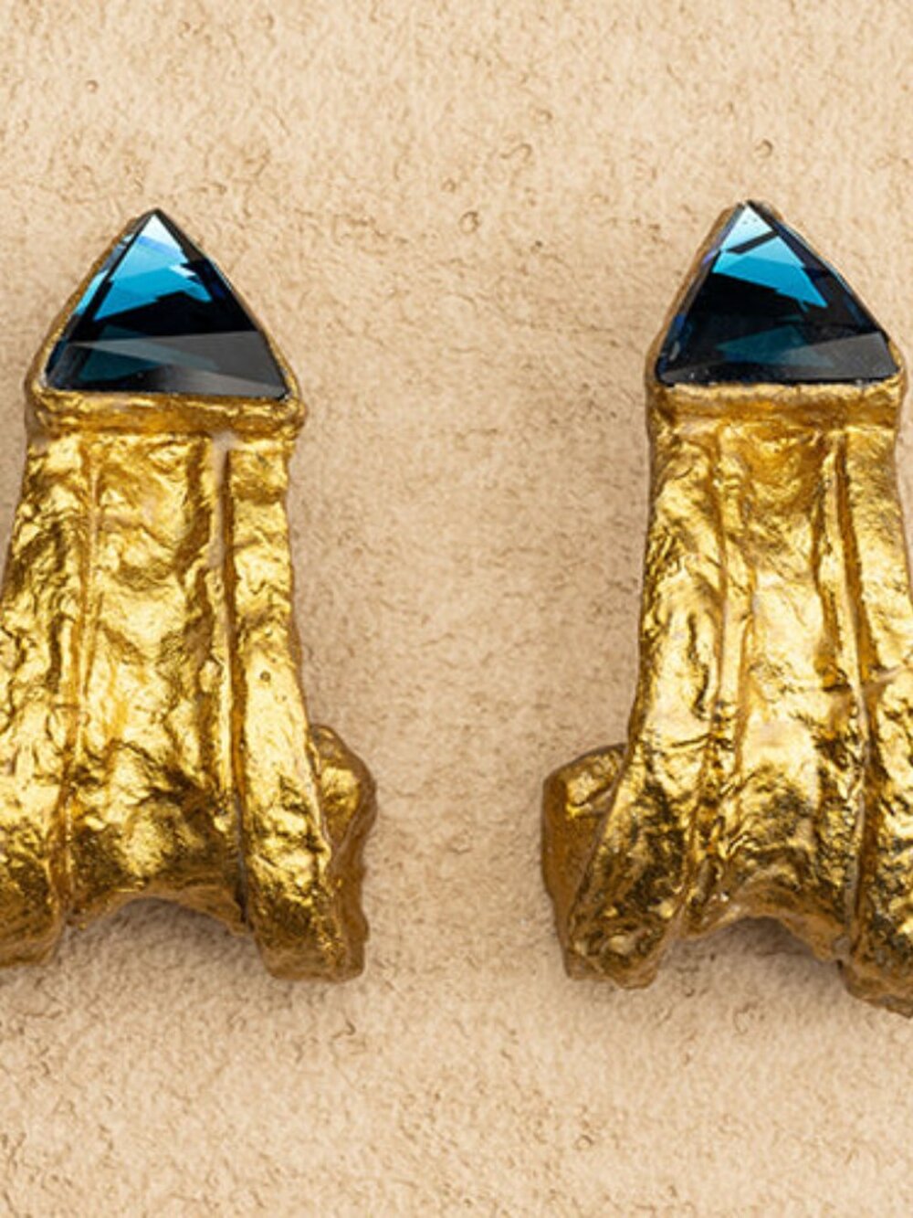 Handmade Papier-Mâché Gold Leaf Pyramid Earrings, Blue Stone